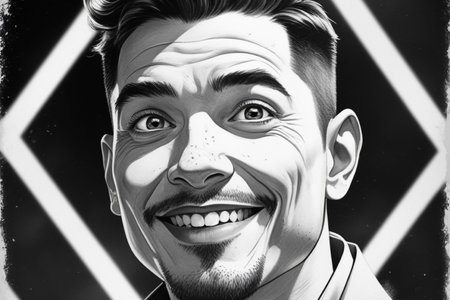 Close-up portrait of a smiling young man. Black and white.の写真素材