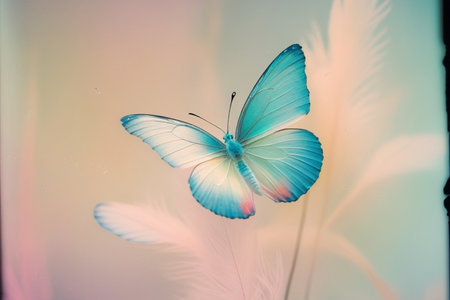 Butterfly on the white feather, soft focus and vintage toneの写真素材
