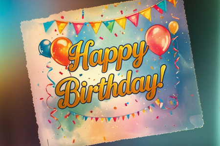 Happy birthday card with balloons, confetti and flags on colorful backgroundの写真素材