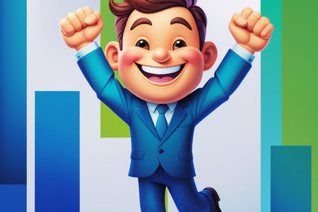 3D illustration of a young businessman celebrating success over colorful background.の写真素材