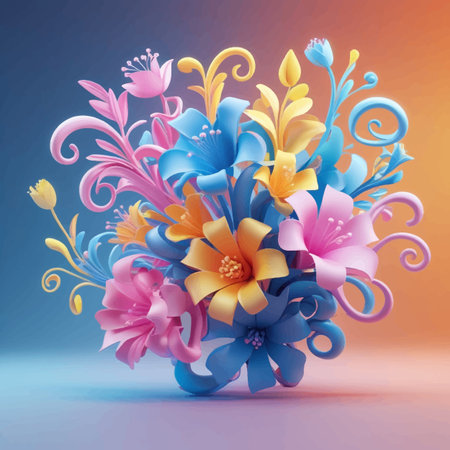 Colorful flower bouquet on blue background. 3d illustration.のイラスト素材