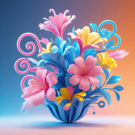 Colorful flower bouquet on blue background. 3d illustration.のイラスト素材