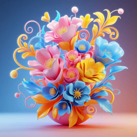 Easter egg with spring flowers. 3D illustration. Blue background.のイラスト素材