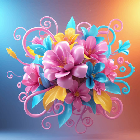 abstract floral bouquet on a blue background, 3d renderのイラスト素材