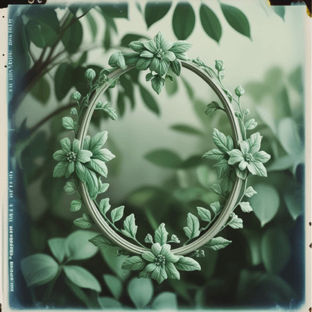 Retro photo of decorative wreath made of green leaves and flowersのイラスト素材