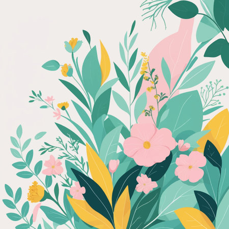 Floral background with flowers and leaves. Vector illustration in flat style.の写真素材