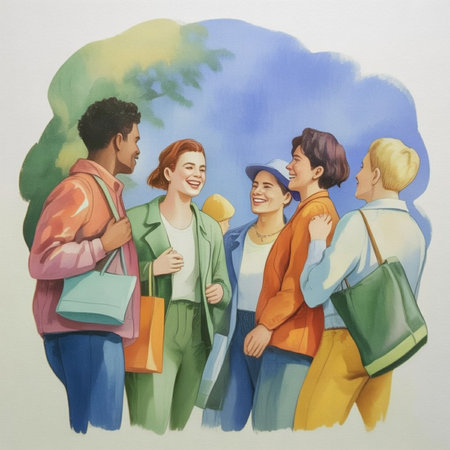 Illustration of happy group of friends walking in the park with shopping bagsの写真素材