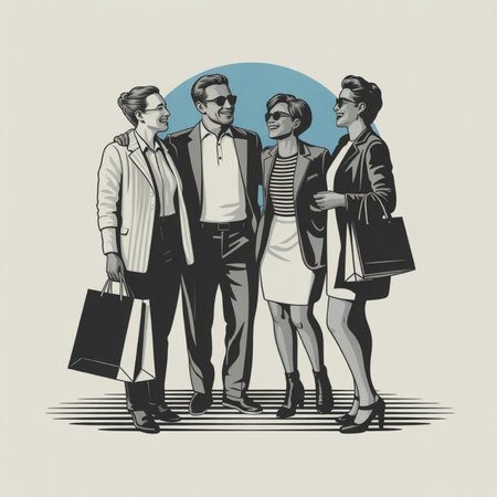 Group of people with shopping bags. Vector illustration in retro style.の写真素材