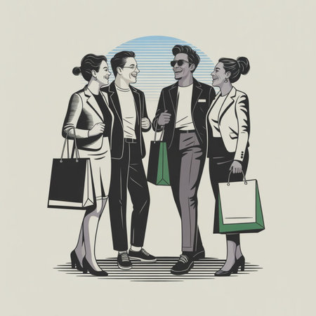 Group of young people with shopping bags. Vector illustration in vintage style.の写真素材