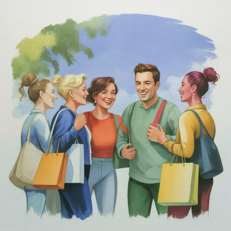 Portrait of happy group of people with shopping bags against blue skyの写真素材