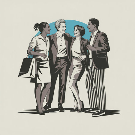 Retro style illustration of a group of business people with shopping bags.の写真素材