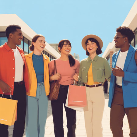 multiethnic group of happy young people with shopping bags walking outdoorsの写真素材