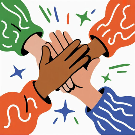 Hands of diverse people joining their hands. Teamwork concept. Vector illustration.の写真素材