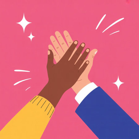 Illustration of two hands clapping on pink background with stars.の写真素材
