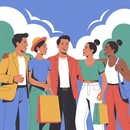 Vector illustration of a group of young people walking in the city with shopping bags.の写真素材