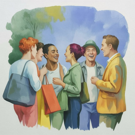 Group of young people with shopping bags. Colorful watercolor painting.の写真素材