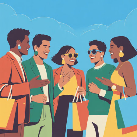 Group of young people with shopping bags. Vector illustration in cartoon style.の写真素材