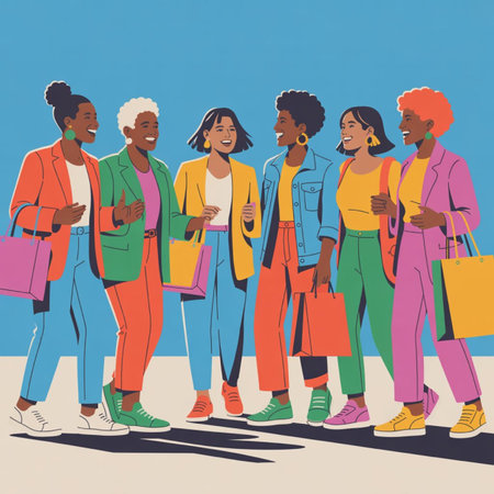 Group of african-american women with shopping bags. Vector illustration.の写真素材