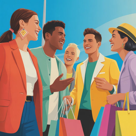 Group of happy young people with shopping bags. Cartoon vector illustration.の写真素材