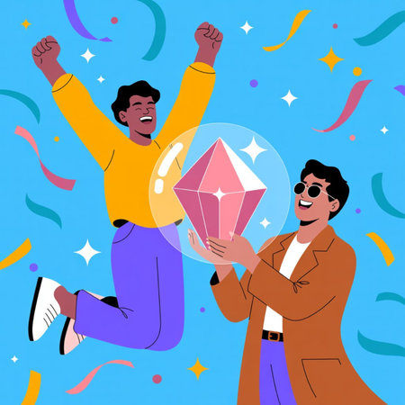 Happy young men with gem. Vector illustration in flat cartoon style.の写真素材