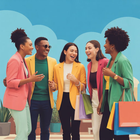 sale, consumerism and people concept - group of smiling women with shopping bags over blue backgroundの写真素材