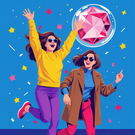 Two young women jumping with diamond in their hands. Vector illustration.
