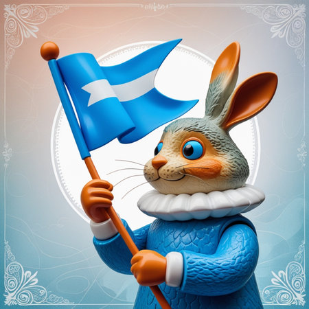Easter bunny with a blue flag in his hands. Vector illustration.の写真素材