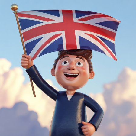 3D illustration of a cartoon character holding a United Kingdom flag.の写真素材