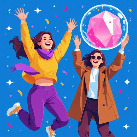 Vector illustration of two happy young women having fun and dancing with crystal ballの写真素材