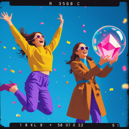 Happy girls jumping in the air on a blue background with confettiの写真素材