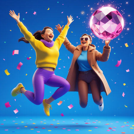 Two young women jumping with colorful disco ball and confetti on blue backgroundの写真素材