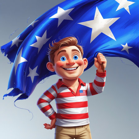 Smiling boy holding a flag of the United States of America.の写真素材