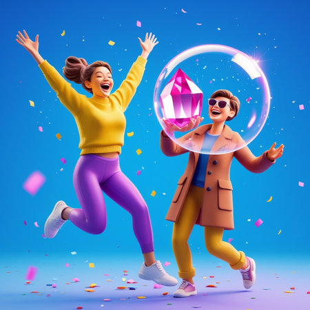 Happy girls with confetti on blue background. Colorful party concept.の写真素材