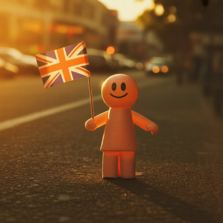 Smiling wooden doll holding United Kingdom flag on the street at sunsetの写真素材
