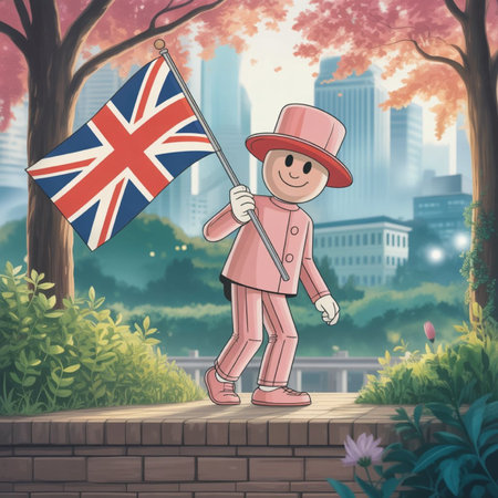 Illustration of a man holding a United Kingdom flag on a city backgroundの写真素材