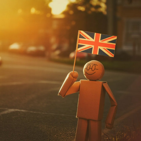 Wooden doll holding United Kingdom flag on the street at sunset.の写真素材