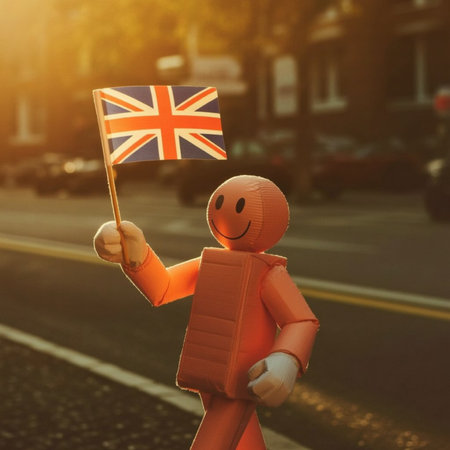 A wooden doll holding the flag of the United Kingdom on the city street.の写真素材