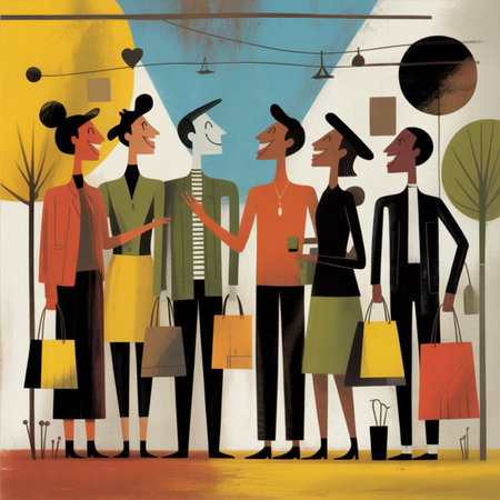 Illustration of a group of people with shopping bags in the streetの写真素材