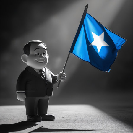 3d illustration of a businessman holding a somalia flag in the spotlightの写真素材