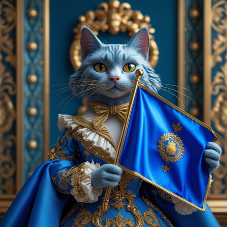 Cute cat in medieval costume holding the flag of Ukraine. Blue background.の写真素材