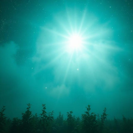 Fog in the forest at night with sun rays and stars.の写真素材
