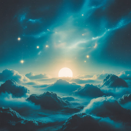 Beautiful fantasy landscape. Sunrise over the clouds. 3d rendering