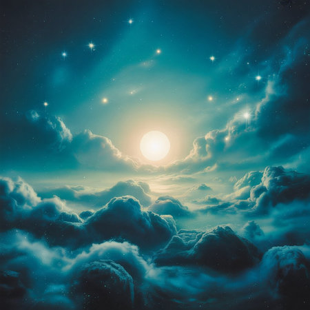 Mystical sky with clouds and sun. 3D Rendering