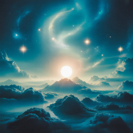 Fantasy landscape with clouds and sun.の写真素材