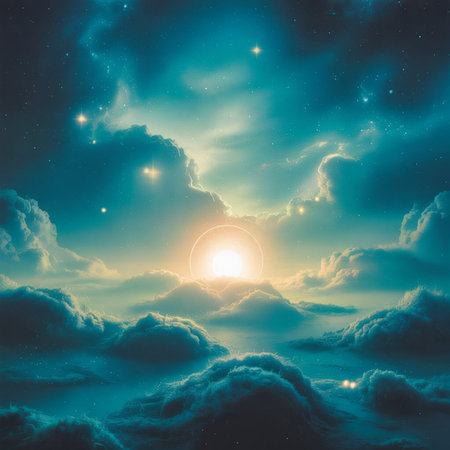 Fantasy night sky with clouds and sun.の写真素材