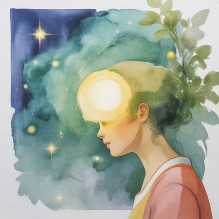 Abstract watercolor painting of a woman looking at the starry skyの写真素材