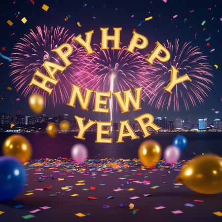 Happy New Year written with Sparkle firework over cityscape background, 3D renderingの写真素材