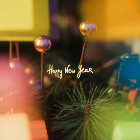 Happy new year greeting card with christmas decoration in the shop window