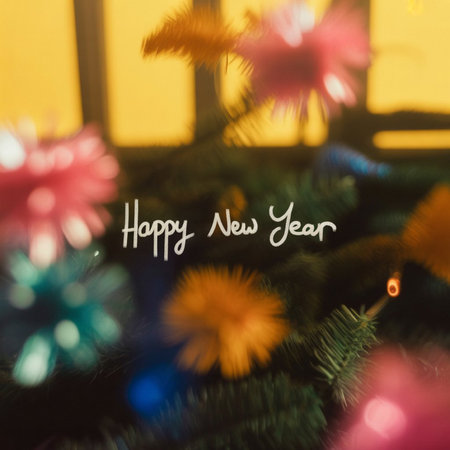 Happy New Year text on Christmas tree with colorful bokeh backgroundの写真素材