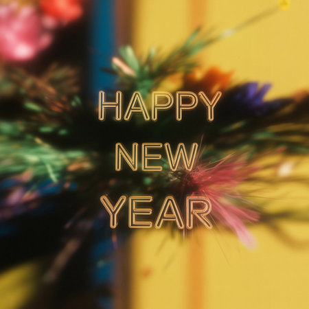 Happy New Year greeting card. Merry Christmas lettering on blurred background.の写真素材